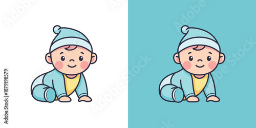 Cute cartoon baby in blue outfit crawling on the floor, illustration on contrasting backgrounds