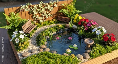 Delicate miniature garden scene featuring a pond and vibrant vegetation