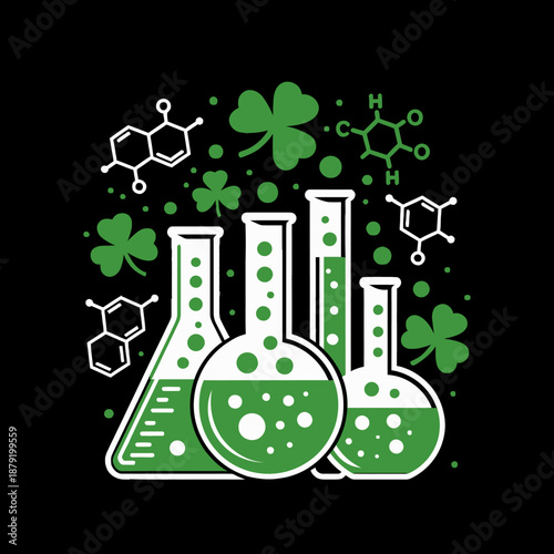 The image features three green chemical flasks surrounded by shamrocks and molecular diagrams. It combines scientific elements with Irish symbolism.