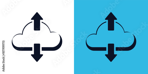 Cloud data synchronization icon set on contrasting backgrounds illustrating data exchange and connectivity
