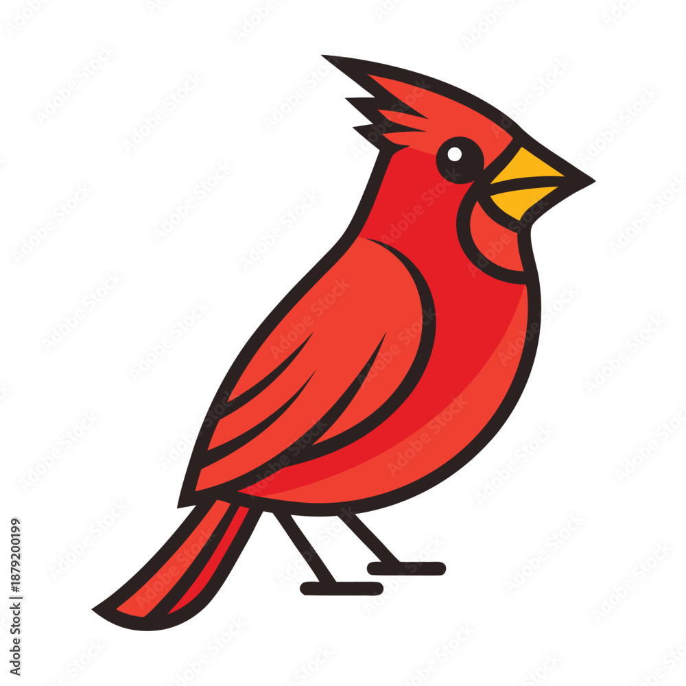 Fototapeta premium A vibrant red cardinal bird illustration with a prominent crest and yellow beak isolated on white background, Vector, illustration