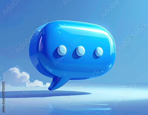 A large, glossy blue speech bubble with white ellipsis points, 3D rendered against a gradient blue sky, suggesting communication
