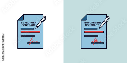Employment contract documents with pen on blue paper, symbolizing agreement, signing, business, employment, and paperwork