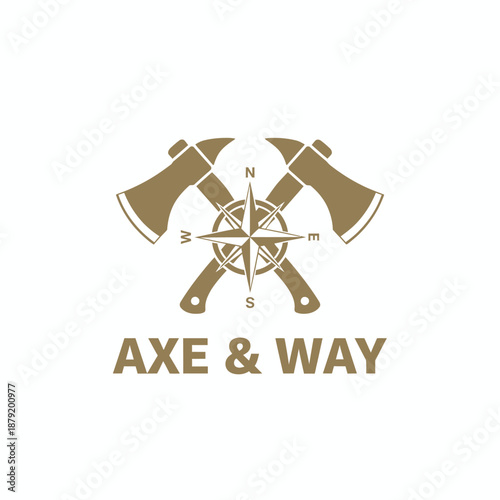 Crossed axes and compass rose icon for outdoor adventure or expedition equipment brand identity vintage rustic logotype named AXE & WAY.