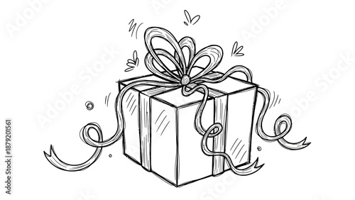 Hand drawn sketch of a beautifully wrapped gift box with a large bow and ribbons.