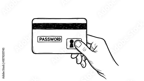 Hand holding credit card with password and lock symbol.