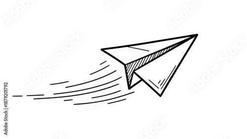 Hand-drawn paper airplane flying with speed lines, simple sketch style.