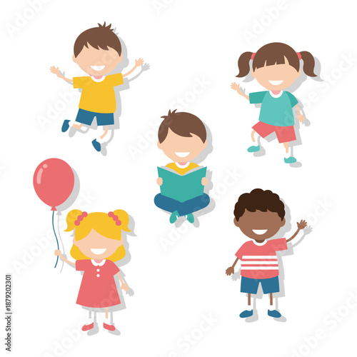 Group of diverse children playing and jumping together in a joyful scene from a top-down viewpoint