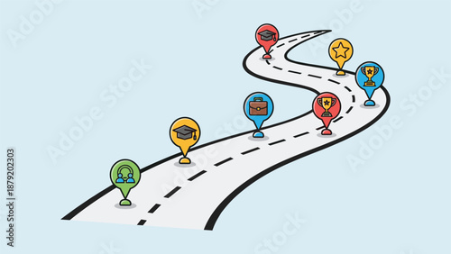 A winding road with colorful map pins marking various locations along the route.