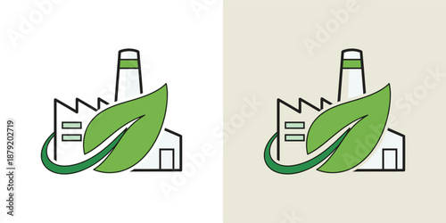 Eco-friendly factory illustration with green leaf surrounding industrial building from a straightforward viewpoint