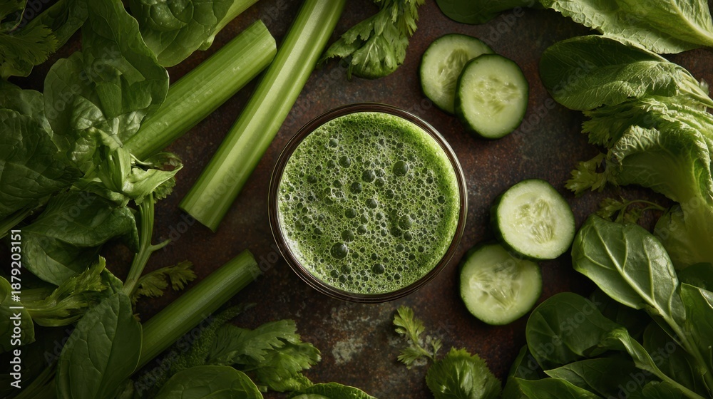 Obraz premium Green smoothie in a glass surrounded by fresh vegetables including cucumber, celery, and leafy greens on a rustic wooden surface with natural lighting and vibrant colors