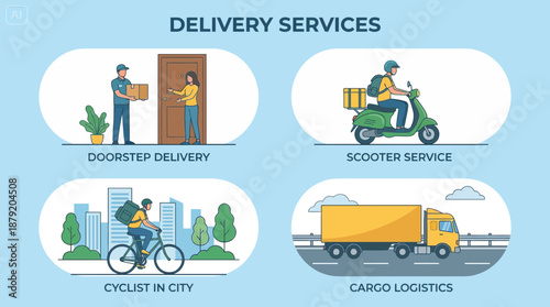 Delivery Services Logistics Infographic: Truck, Bike, Scooter, Doorstep