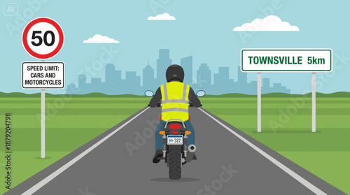 Biker Riding to Townsville with Speed Limit Warning Sign Illustration