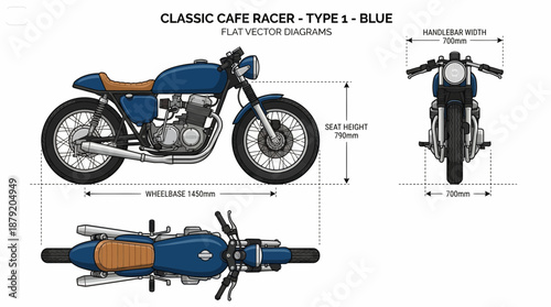 Classic Blue Cafe Racer Motorcycle Flat Vector Diagram Blueprint