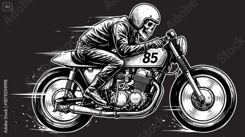 Skeleton Biker Riding Cafe Racer Motorcycle Vector Illustration