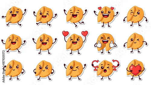 Cute Fortune Cookie Mascot Sticker Set Vector Cartoon Emoticons