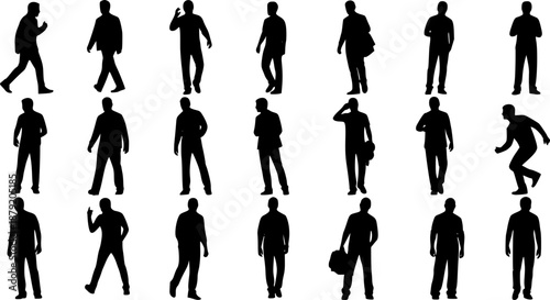 Silhouette set of walking man, standing man, male figure poses, black vector people illustration, isolated human character collection icons