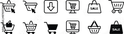 shopping cart symbol pack for digital commerce product and checkout