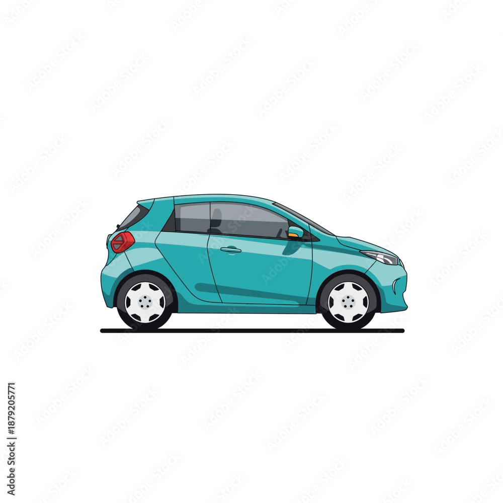 Obraz premium Modern Teal Compact Hatchback Car Vector Illustration - Side View Isolated on White Background