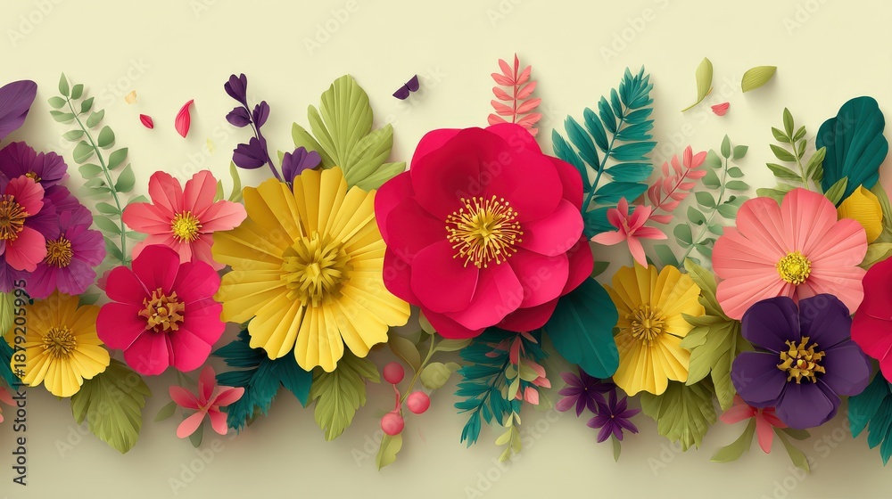 Obraz premium A vibrant, colorful arrangement of paper flowers and leaves in various shapes and sizes, creating a lively floral pattern against a soft background.