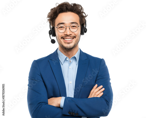 Smiling Asian man in blue suit with headset, arms crossed, isolated on white, png