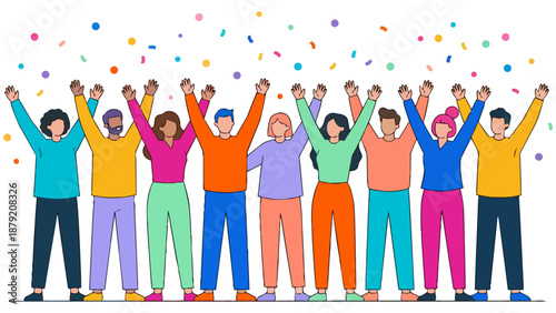 目標を達成し、ひらひらと舞う紙吹雪の中でバンザイ歓喜する多様なビジネスチームのイラストです。仲間と肩を組み、笑顔で勝利を分かち合う様子は、組織の強固な結束と明るい未来への希望を表現しています。企業の記念イベントや求人広告などで、前向きな活力を伝えます。