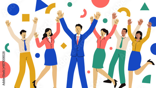 目標を達成し、ひらひらと舞う紙吹雪の中でバンザイ歓喜する多様なビジネスチームのイラストです。仲間と肩を組み、笑顔で勝利を分かち合う様子は、組織の強固な結束と明るい未来への希望を表現しています。企業の記念イベントや求人広告などで、前向きな活力を伝えます。