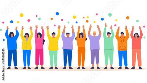 目標を達成し、ひらひらと舞う紙吹雪の中でバンザイ歓喜する多様なビジネスチームのイラストです。仲間と肩を組み、笑顔で勝利を分かち合う様子は、組織の強固な結束と明るい未来への希望を表現しています。企業の記念イベントや求人広告などで、前向きな活力を伝えます。