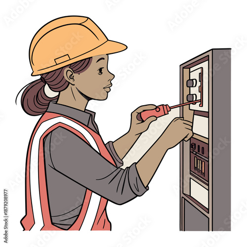 Female technician working on electrical panel with screwdriver
