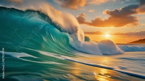 Big sea wave curling at golden sunrise over calm ocean