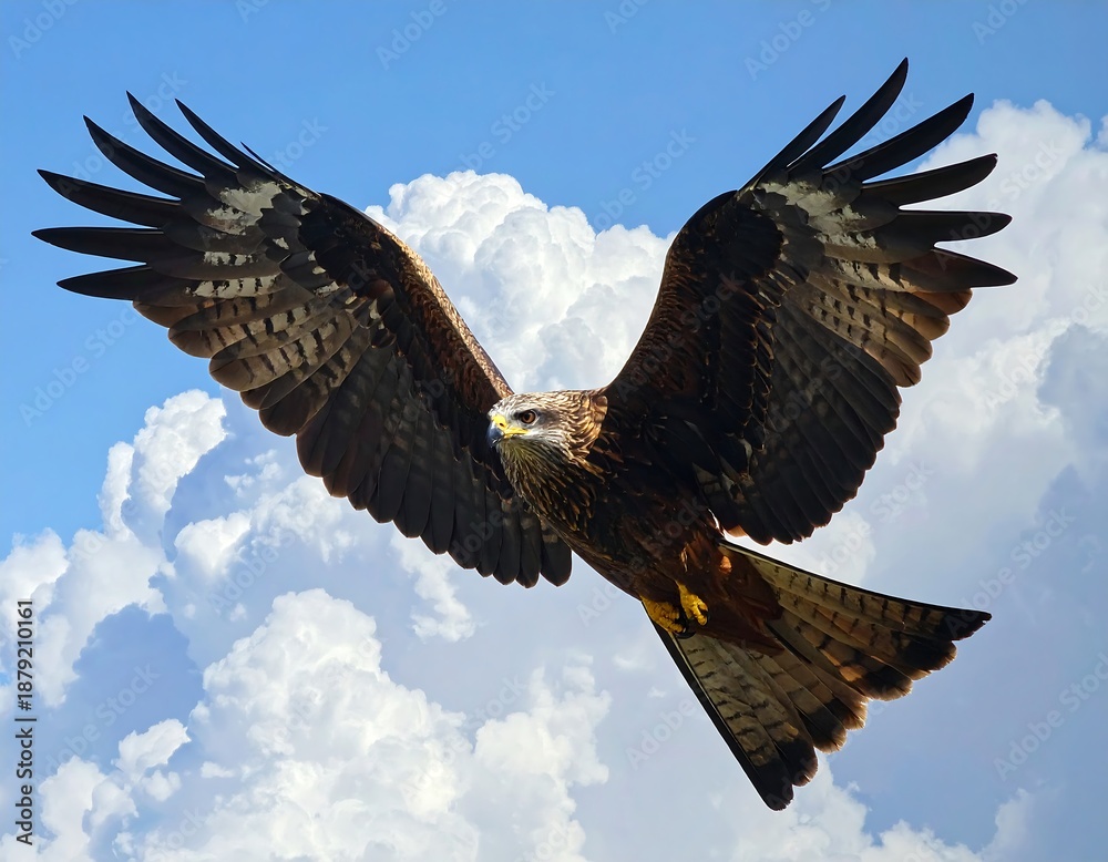 Fototapeta premium A majestic raptor, with wings outstretched, soars effortlessly through a partly cloudy, cerulean sky. Its feathers display rich browns