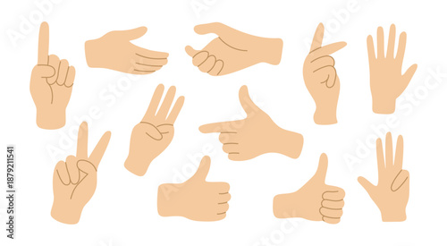 Hand gesture finger vector flat sign. Three set pose hand gestures pointing cartoon human sign