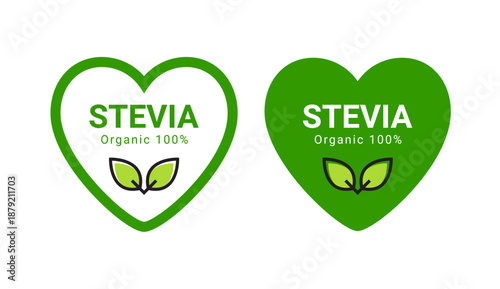 Stevia organic sweetener label in green heart shape. Natural healthy food branding with leaves symbol for eco friendly product packaging