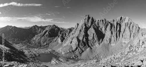 This black-and-white Colorado mountain panorama features fourteeners (14ers): The Crestones, Crestone Peak and Crestone Needle rising above beautiful South Colony Lakes.