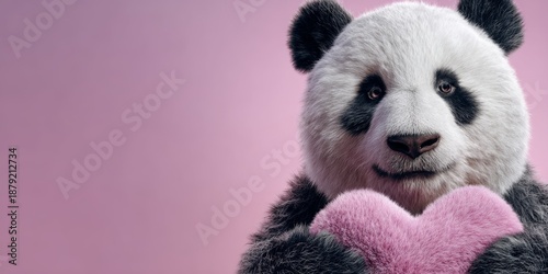 Panda holds heart in soft daylight, gentle expression and minimal background for a Valentine's Day concept