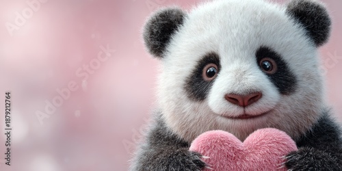 Cute panda holding a heart in soft daylight with a pastel background for Valentine's Day celebration