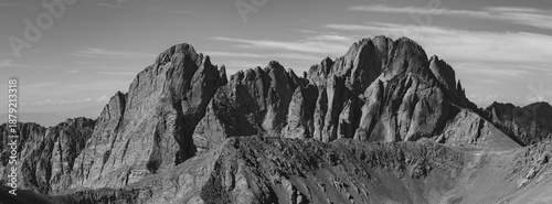This black-and-white Colorado mountain panorama features fourteeners (14ers): The Crestones, Crestone Peak and Crestone Needle.