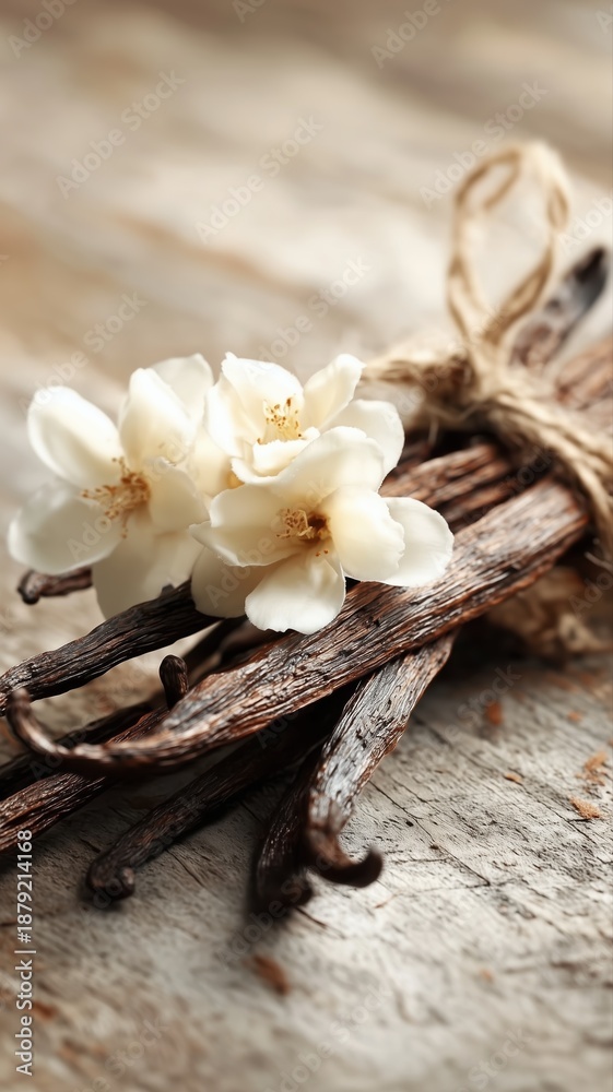Naklejka premium Elegant vanilla beans and delicate white flowers on rustic wood, perfect for commercial use in fragrance, culinary, and natural product branding