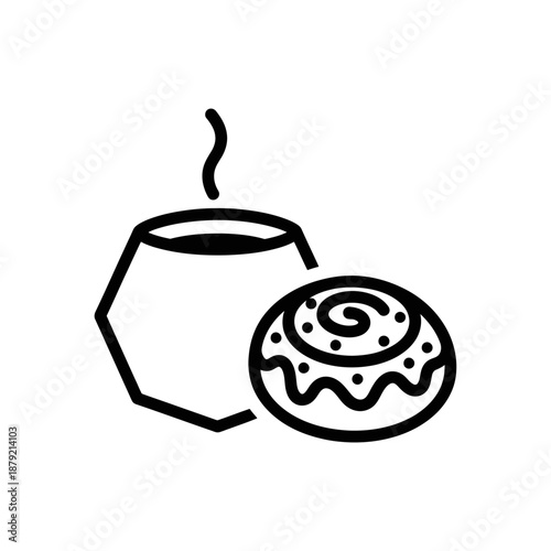 Simple line drawing of a steaming cup of coffee and a donut.