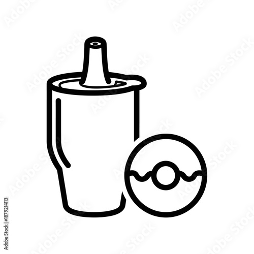 Simple black and white line drawing of a baby sippy cup with straw and lid.