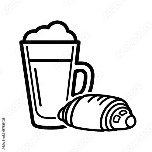 A simple line drawing of a beer mug and a croissant.