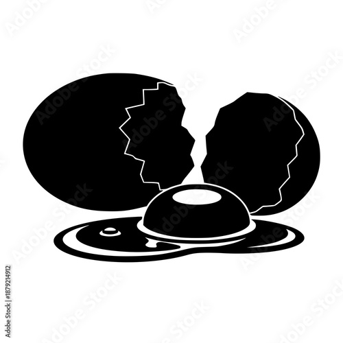 Black silhouette broken chicken egg vector with yolk and spilled protein