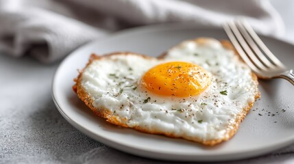 Heart shaped fried egg on a plate for a special breakfast during Valentine's Day celebration at home