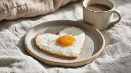 Heart-shaped fried egg on a plate with coffee for Valentine's Day breakfast in soft natural light