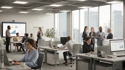 Busy modern office scene featuring a diverse team collaborating at desks and presenting in a bright open workspace.