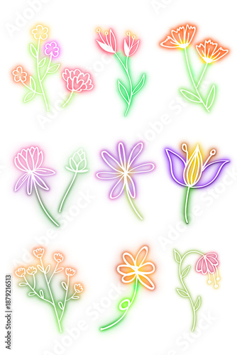 Png glowing botanical neon sign set