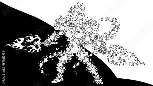 Stylized fiery warrior wielding flaming swords on a contrasting background design