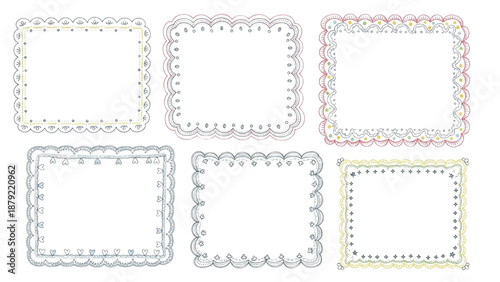 Set of six charming vector frames with delicate lace-like edges, perfect for whimsical designs and craft projects