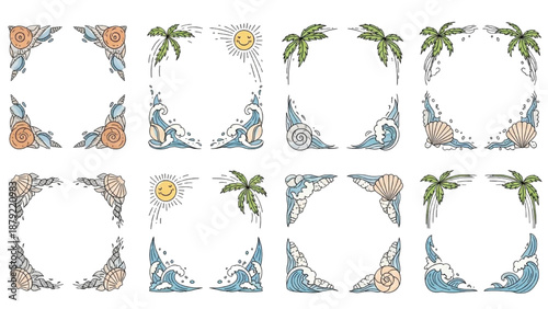 Decorative Corner Borders Featuring Tropical Beach and Ocean Motifs