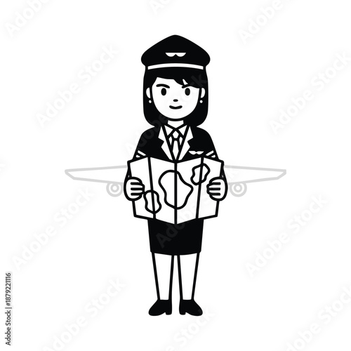 Airline Pilot Reading Map With Flight Wings.